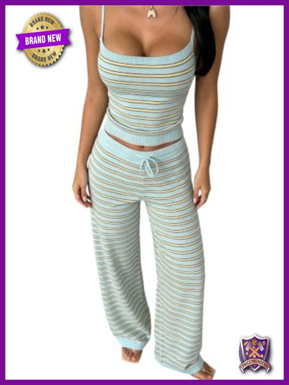 Striped 2 Piece Lounge Set Spaghetti Strap Cami Top Wide Leg Pants Vacation